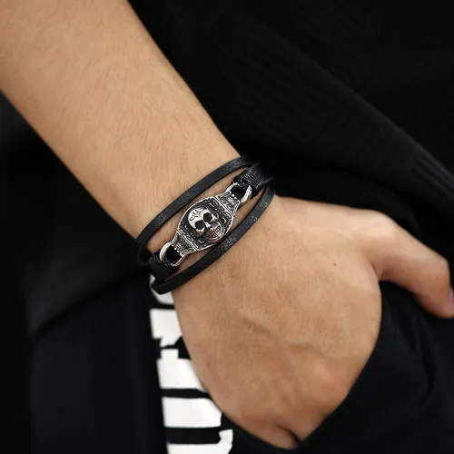 Wholesale Steel Skull Leather Bracelet for Mens