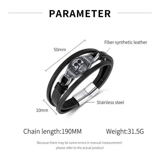 Wholesale Steel Skull Leather Bracelet for Mens