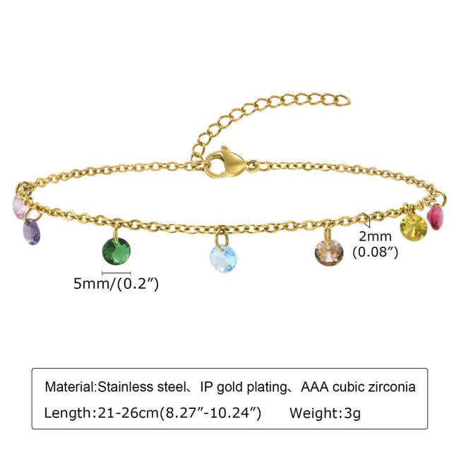 Wholesale Stainless Steel 7 Color Zirconia Anklet