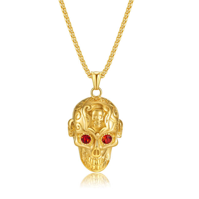 Wholesale Stainless Steel Skull Pendant with Red CZ