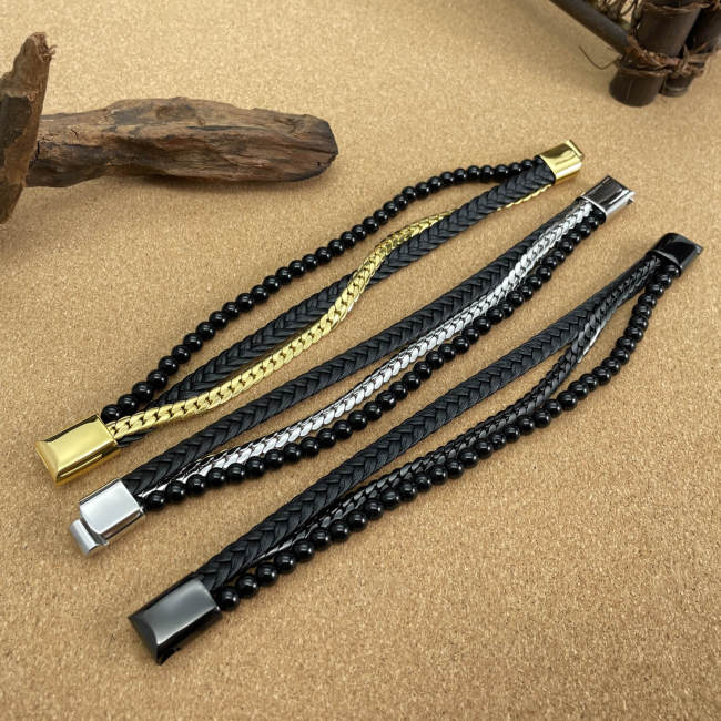 Wholesale Stainless Steel Fashion Mixed Leather Bracelet
