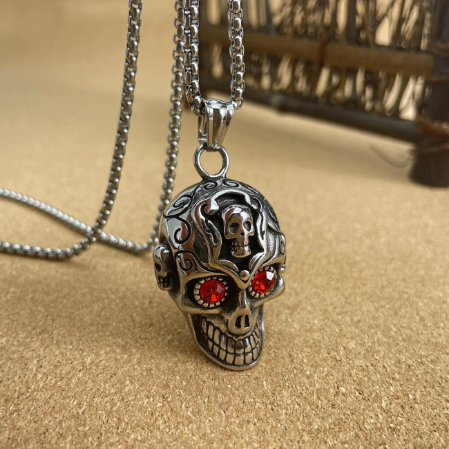 Wholesale Stainless Steel Skull Pendant with Red CZ