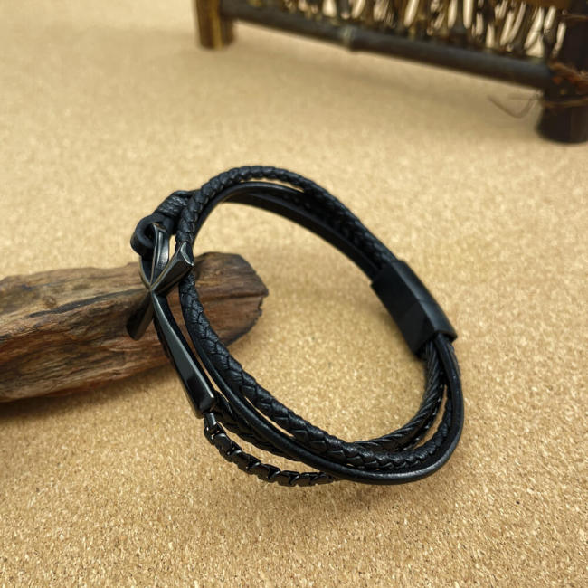Wholesale Multi-Layer Braided Leather Cross Bracelet