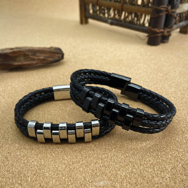 Wholesale Stainless Steel Simple Braided Leather Bracelet