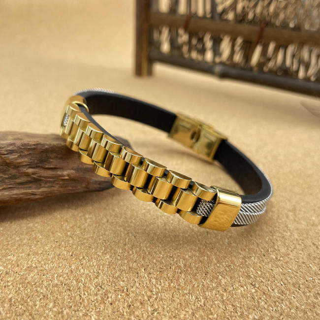 Wholesale Stainless Steel Strap Style Leather Bracelet