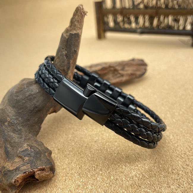 Wholesale Stainless Steel Simple Braided Leather Bracelet