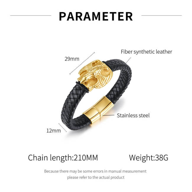 Wholesale Stainless Steel Gold Flying Eagle Leather Bracelet