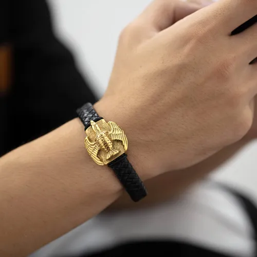 Wholesale Stainless Steel Gold Flying Eagle Leather Bracelet