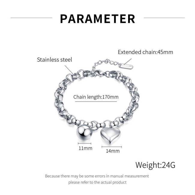 Wholesale Stainless Steel Ring Link Chain Bracelet with Heart