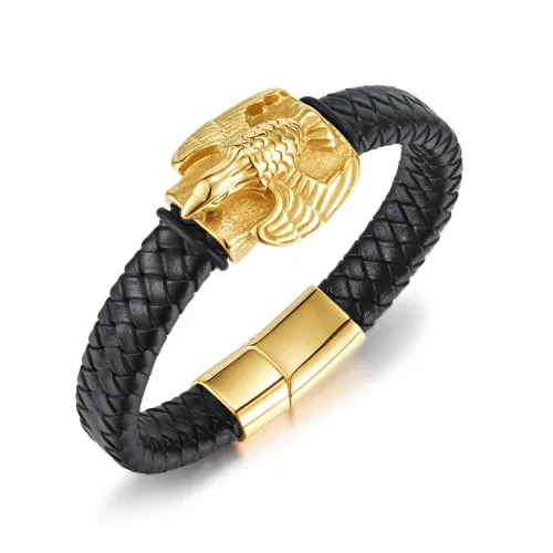 Wholesale Stainless Steel Gold Flying Eagle Leather Bracelet