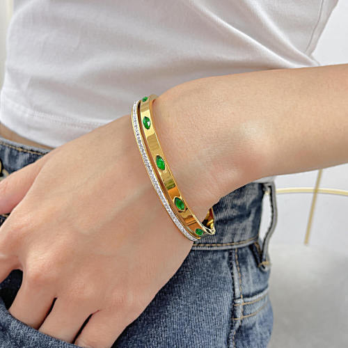 Wholesale Stainless Steel Vintage Inlaid Green CZ Bangle