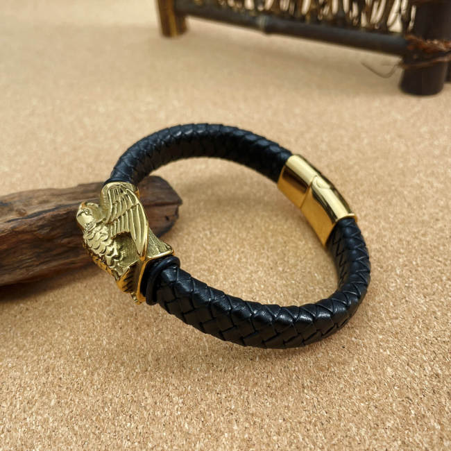 Wholesale Stainless Steel Gold Flying Eagle Leather Bracelet