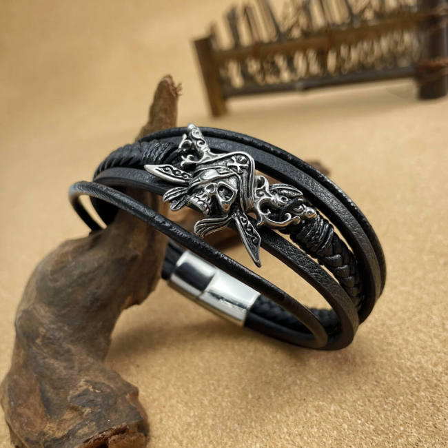 Wholesale Stainless Steel Multi-layer Pirate Leather Bracelet