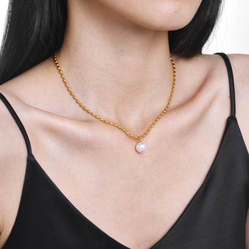 Wholesale Stainless Steel Oval Bead Chain Necklace with Pearl