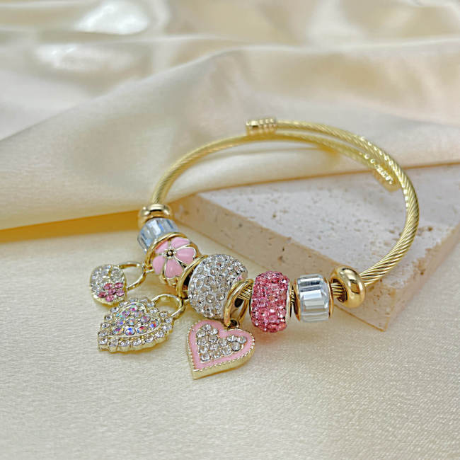 Wholesale Stainless Steel Colorful Beads Heart Cuff Bangle