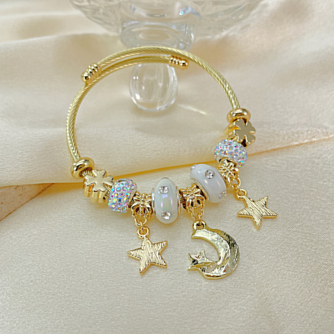 Wholesale Stainless Steel Adjustable Cable Bangle with Star and Moon