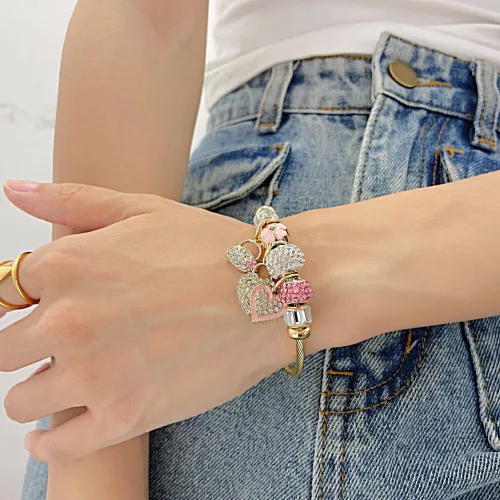 Wholesale Stainless Steel Colorful Beads Heart Cuff Bangle