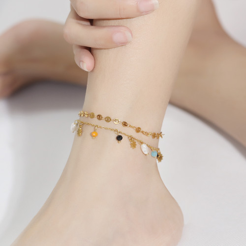 Wholeasle Stainless Steel Coffee Bean Anklet with Colored Stones