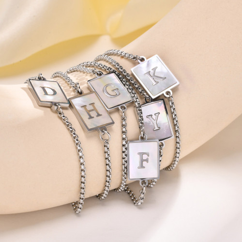 Wholesale Stainless Steel Square Shell Initial Letter Bracelet