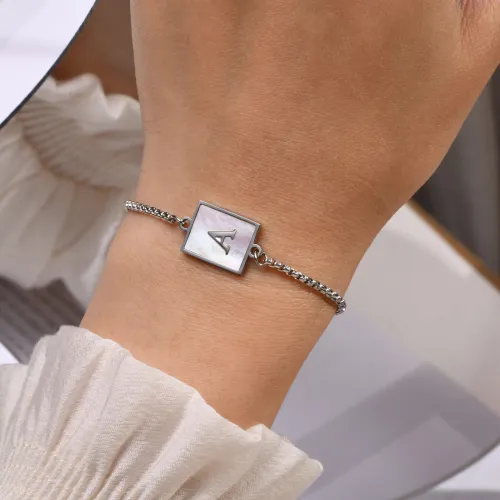 Wholesale Stainless Steel Square Shell Initial Letter Bracelet