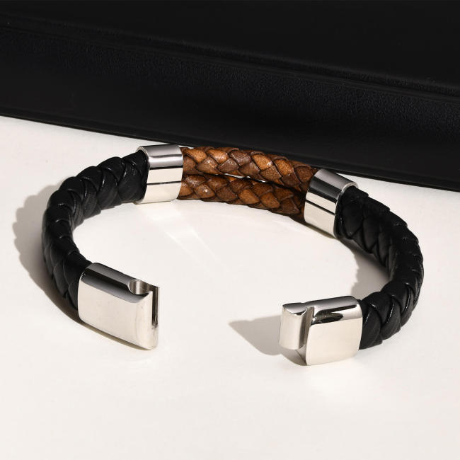 Wholesale Stainless Steel Two Tone Braided Leather Bracelets