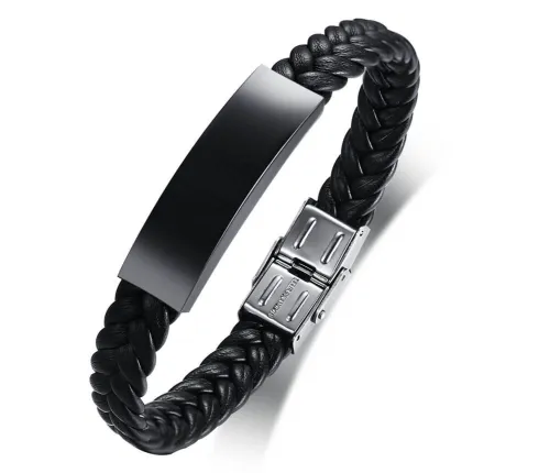 Wholesale Stainless Steel Engravable Black Braided Bracelet
