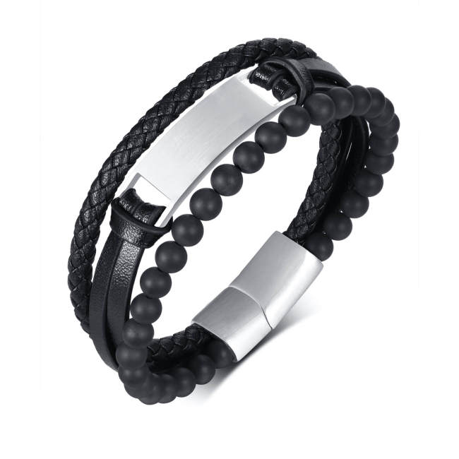 Wholesale Stainless Steel Multi-Layer Bead and Leather Bracelet