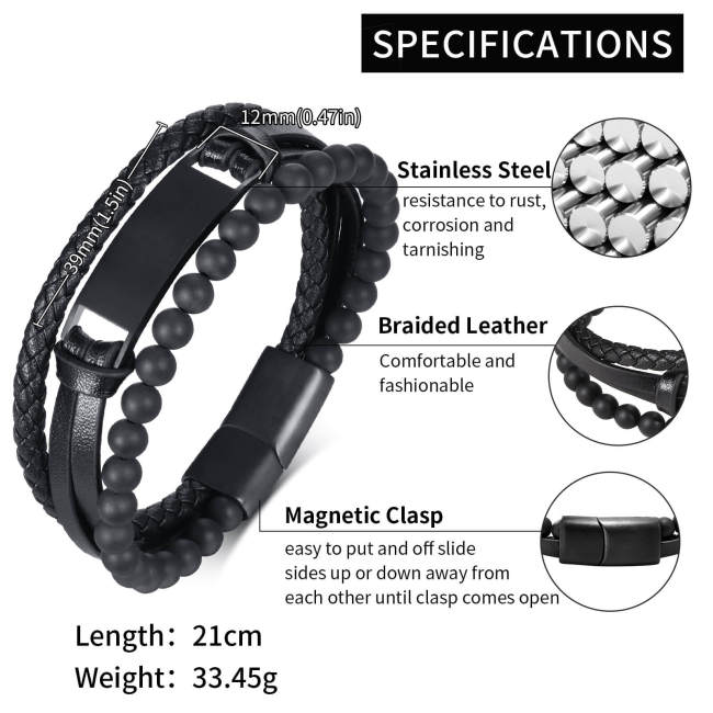 Wholesale Stainless Steel Multi-Layer Bead and Leather Bracelet