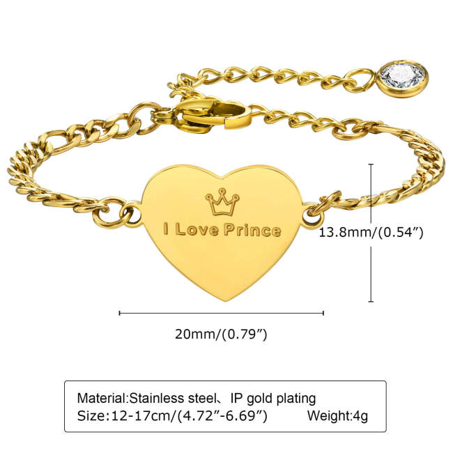 Wholesale Stainless Steel 'I Love Prince' Heart Bracelet