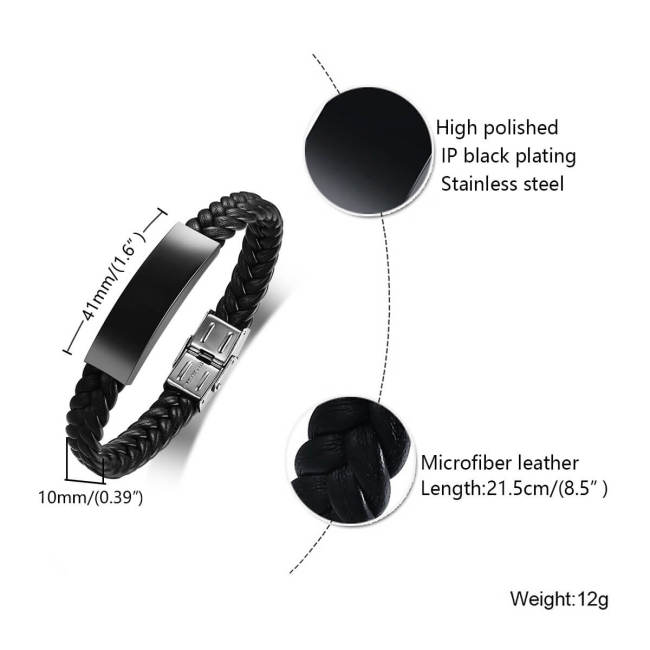 Wholesale Stainless Steel Engravable Black Braided Bracelet
