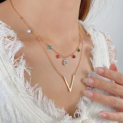 Wholesale Stainless Steel Initial V Link Layered Necklace
