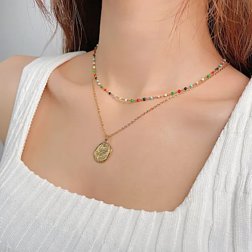 Wholesale Stainless Steel Double Layered Rose Pendant Necklace