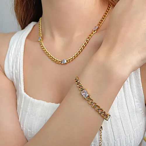 Wholesale Stainless Steel Cuban Chain CZ Necklace Bracelet Set