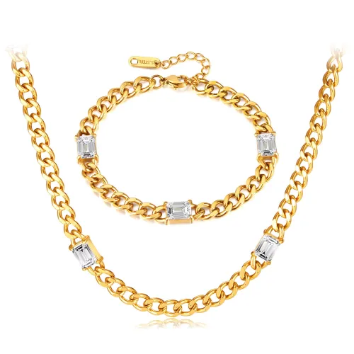 Wholesale Stainless Steel Cuban Chain CZ Necklace Bracelet Set