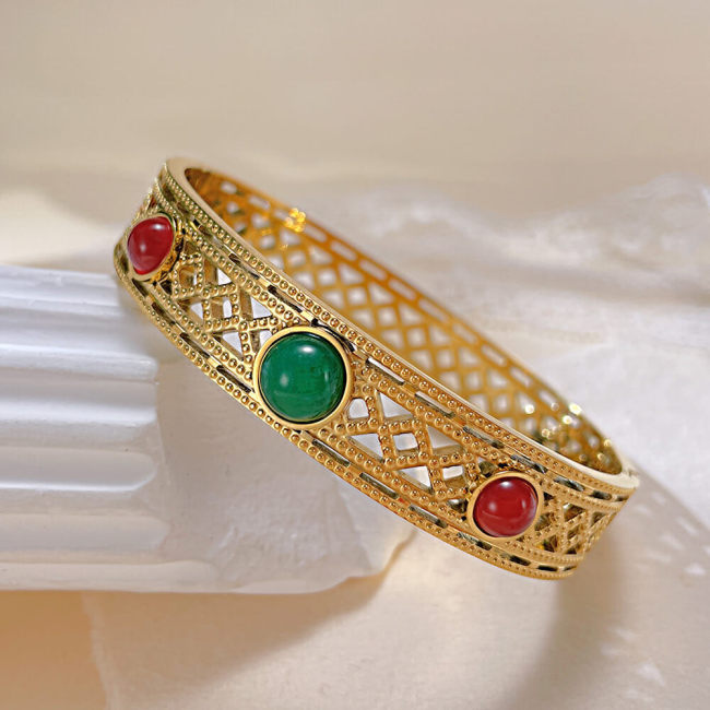 Wholesale Stainless Steel Red and Green Natural Stone Bangle