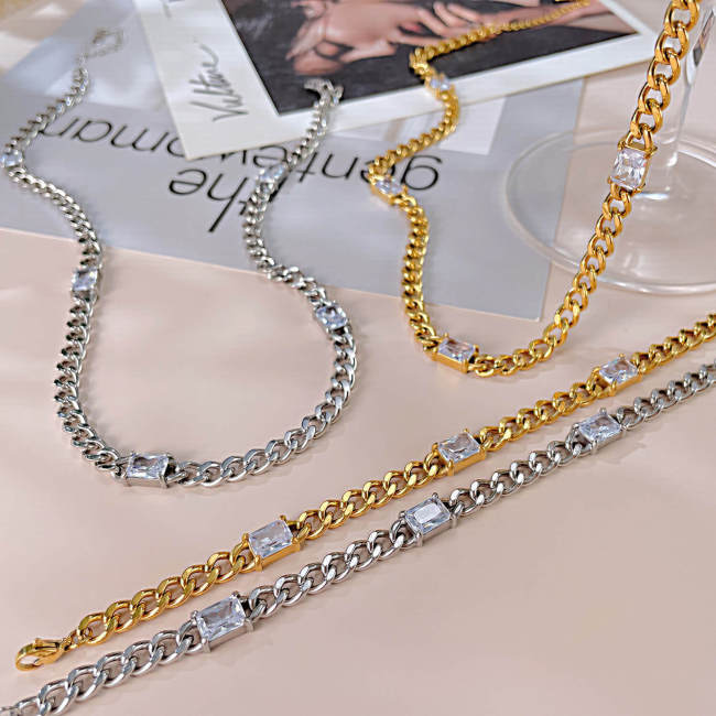 Wholesale Stainless Steel Cuban Chain CZ Necklace Bracelet Set
