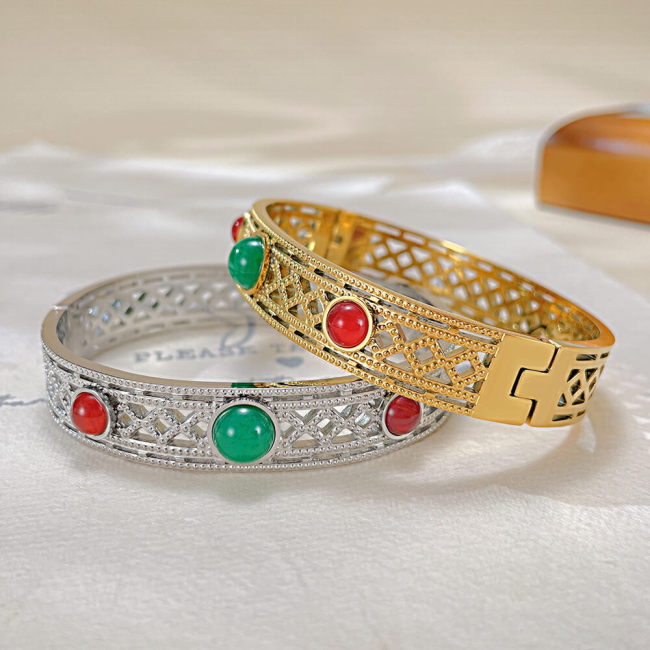 Wholesale Stainless Steel Red and Green Natural Stone Bangle