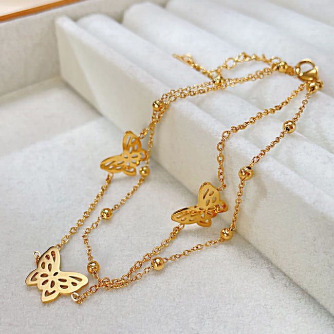 Wholeale Stainless Steel Double Layer Hollow Butterfly Anklet