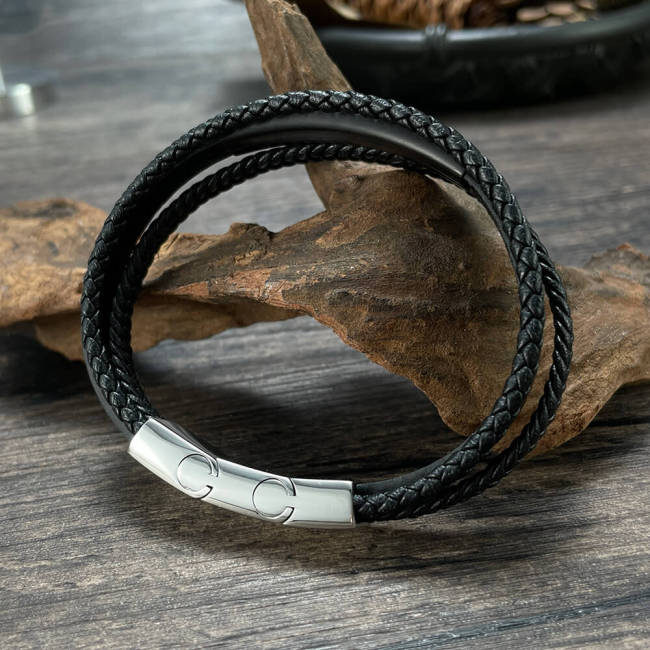 Wholesale Stainless Steel Multi-Layer Braided Leather Bracelet