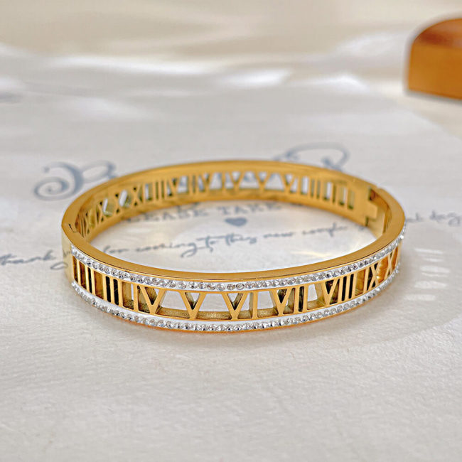 Wholesale Stainless Steel Hollow Roman Numeral Bangle with CZ