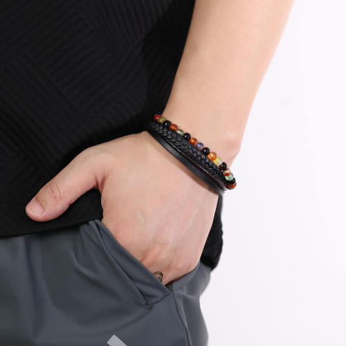 Wholesale Stainless Steel Colorful Beads Leather Bracelet
