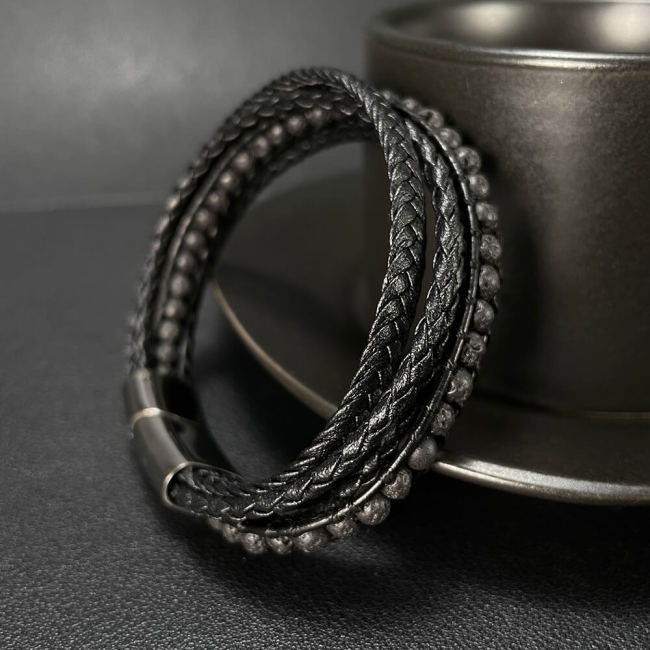 Wholesale Stainless Steel Multi-Layer Lava Stone Leather Bracelet