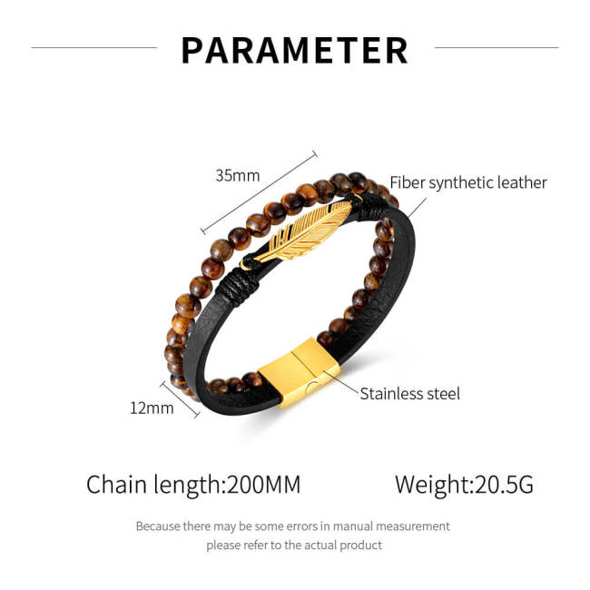 Wholesale Stainless Steel Tiger Eye Beads Leather Bracelet with Feather