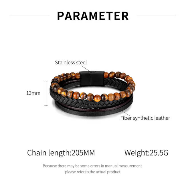 Wholesale Stainless Steel Multi-Layered Tiger Eye Leather Bracelet