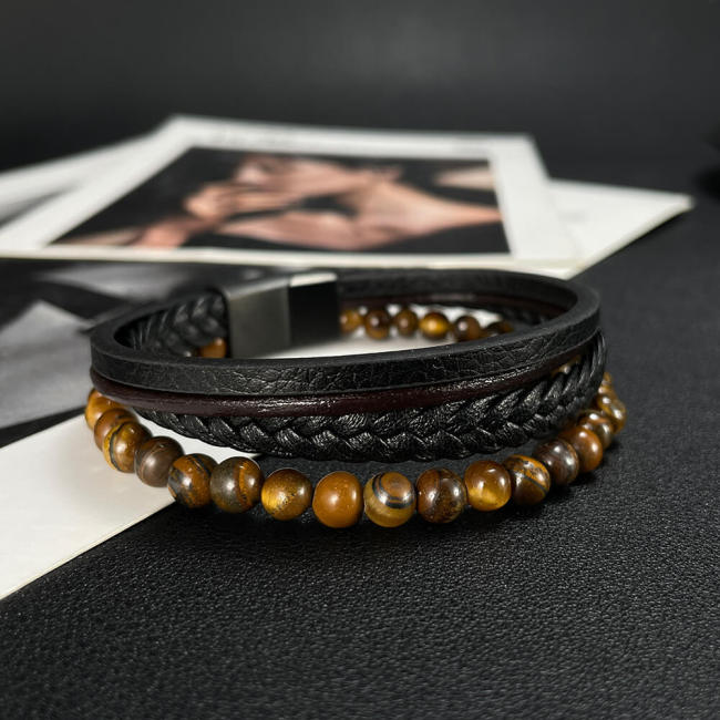 Wholesale Stainless Steel Multi-Layered Tiger Eye Leather Bracelet