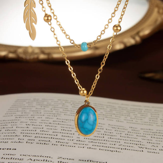 Wholesale Stainless Steel Oval Turquoise Pendant Necklace