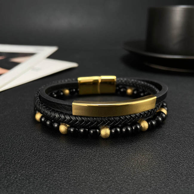 Wholesale Stainless Steel Onyx Beaded Leather Bracelet