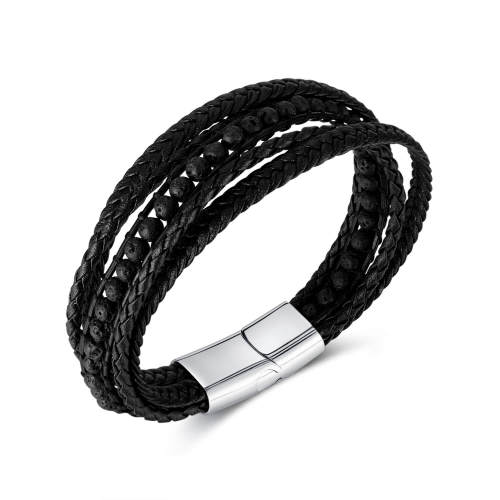 Wholesale Stainless Steel Multi-Layer Lava Stone Leather Bracelet