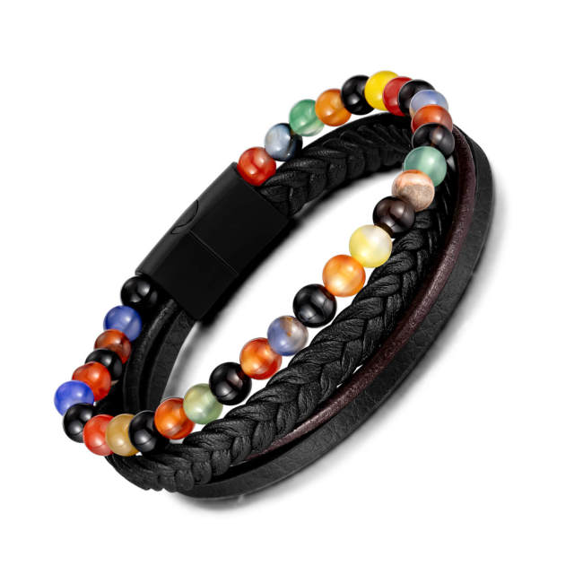 Wholesale Stainless Steel Colorful Beads Leather Bracelet