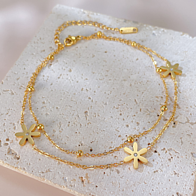 Wholesale Stainless Steel Double-Layered Daisy Anklet